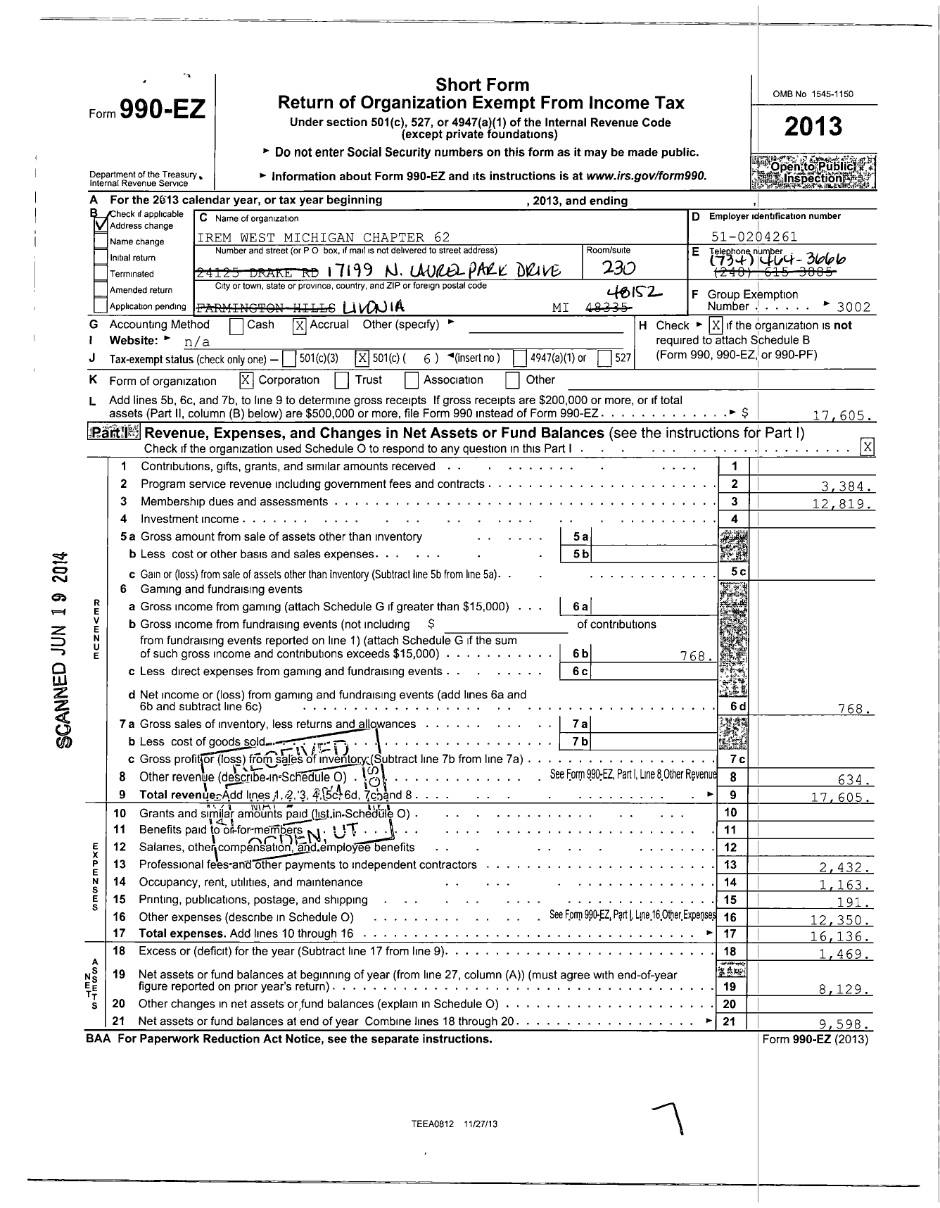 Image of first page of 2013 Form 990EO for Institute of Real Estate Management - Irem West Michigan Chapter 62