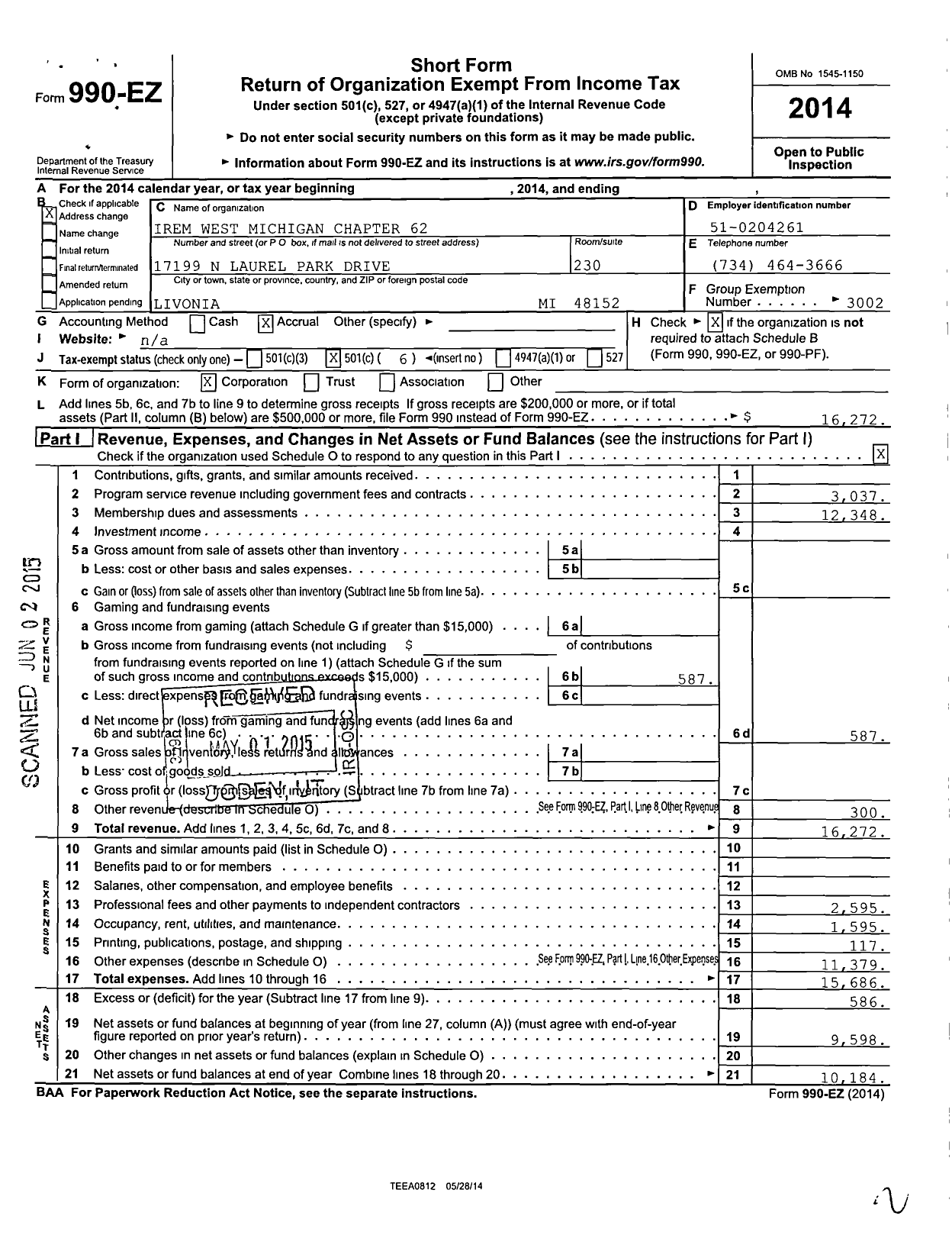 Image of first page of 2014 Form 990EO for Institute of Real Estate Management - Irem West Michigan Chapter 62