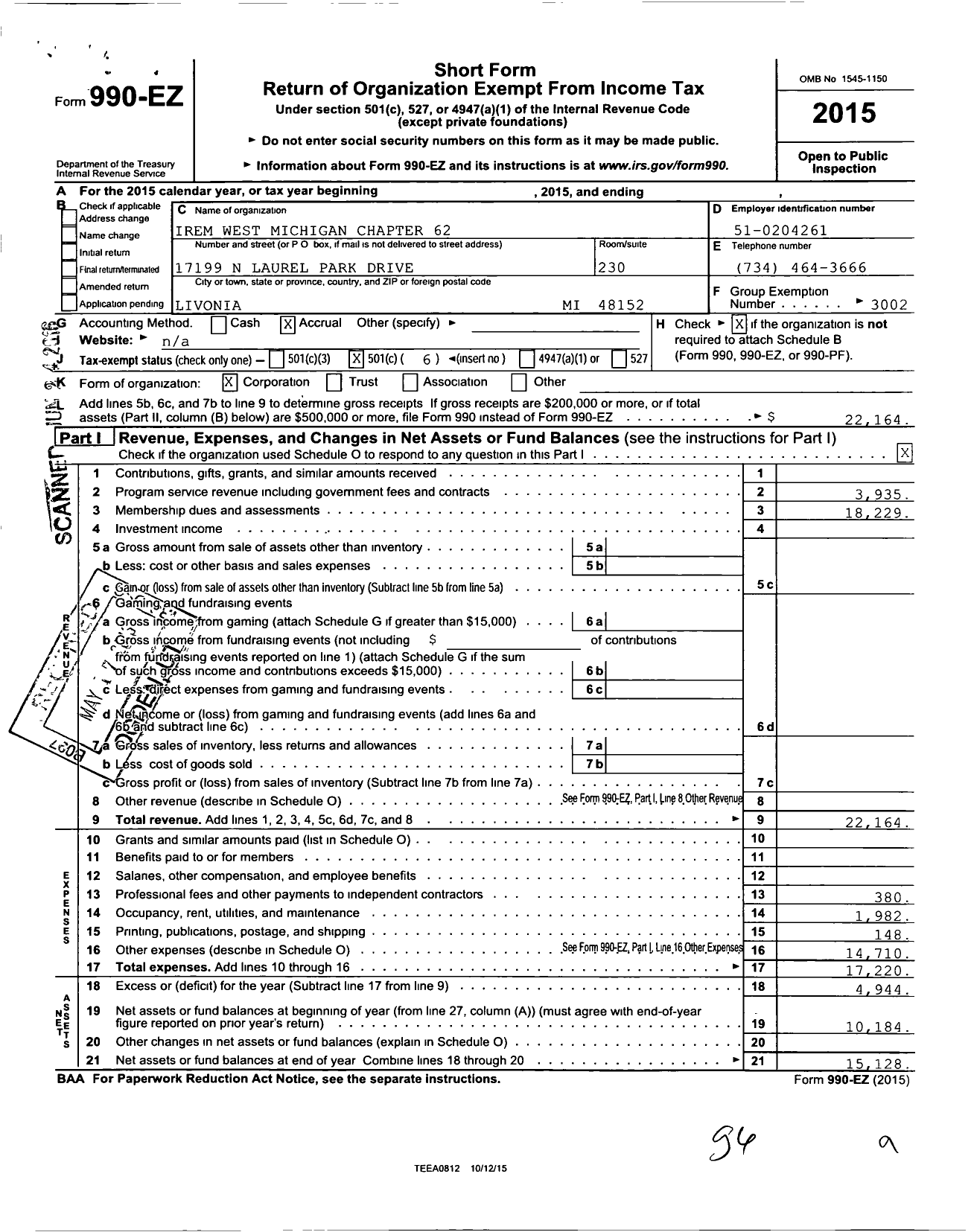 Image of first page of 2015 Form 990EO for Institute of Real Estate Management - Irem West Michigan Chapter 62