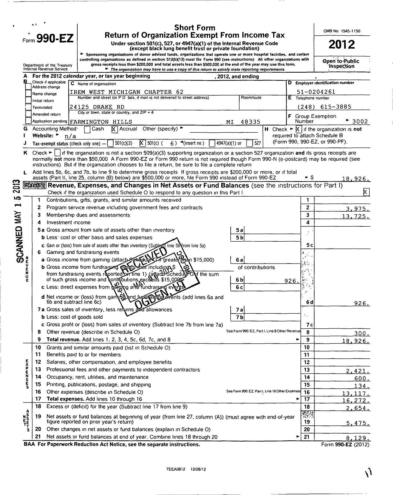 Image of first page of 2012 Form 990O for Institute of Real Estate Management - Irem West Michigan Chapter 62