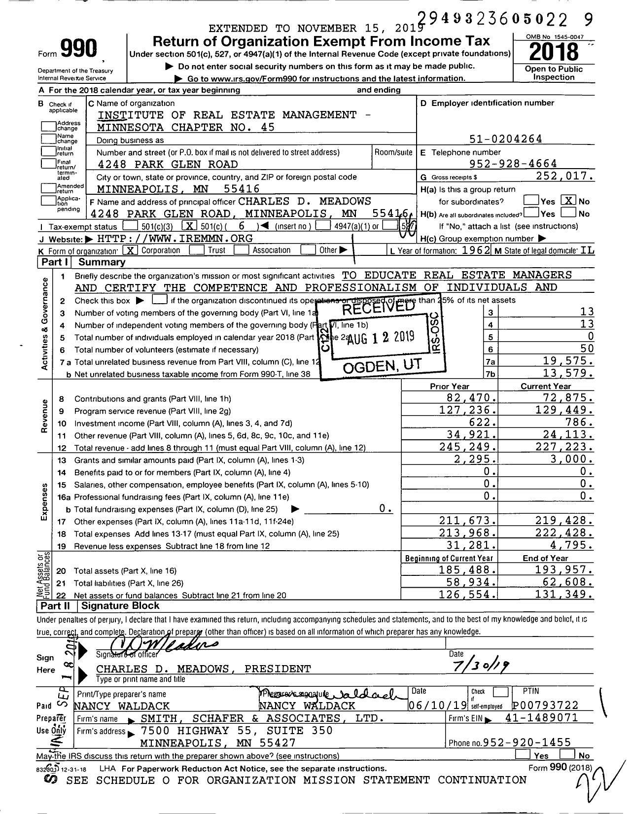 Image of first page of 2018 Form 990O for Institute of Real Estate Management - Irem Minnesota Chapter 45