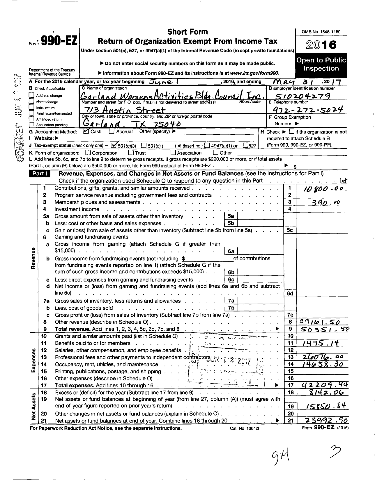 Image of first page of 2016 Form 990EZ for Garland Womens Activities Bldg Council