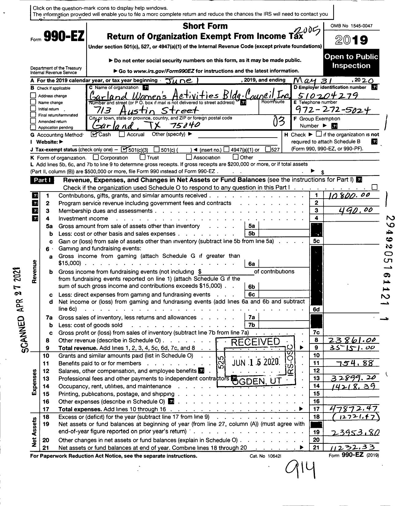 Image of first page of 2019 Form 990EZ for Garland Womens Activities Bldg Council