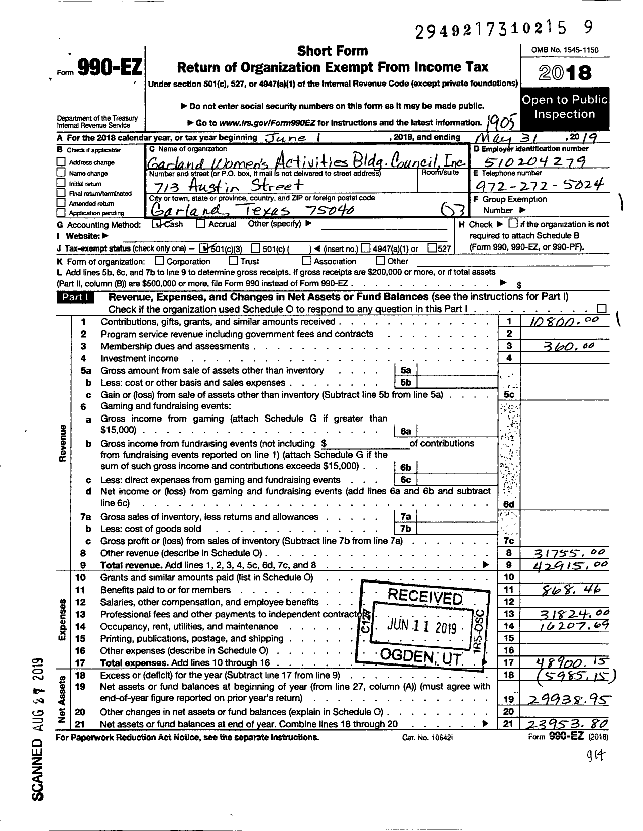 Image of first page of 2018 Form 990EZ for Garland Womens Activities Bldg Council