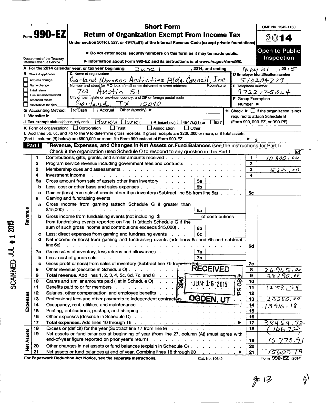 Image of first page of 2014 Form 990EZ for Garland Womens Activities Bldg Council