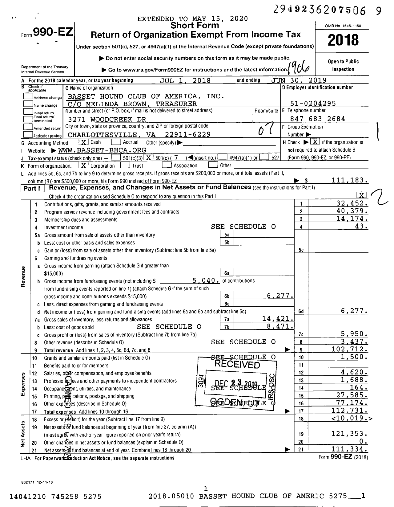 Image of first page of 2018 Form 990EO for Basset Hound Club of America