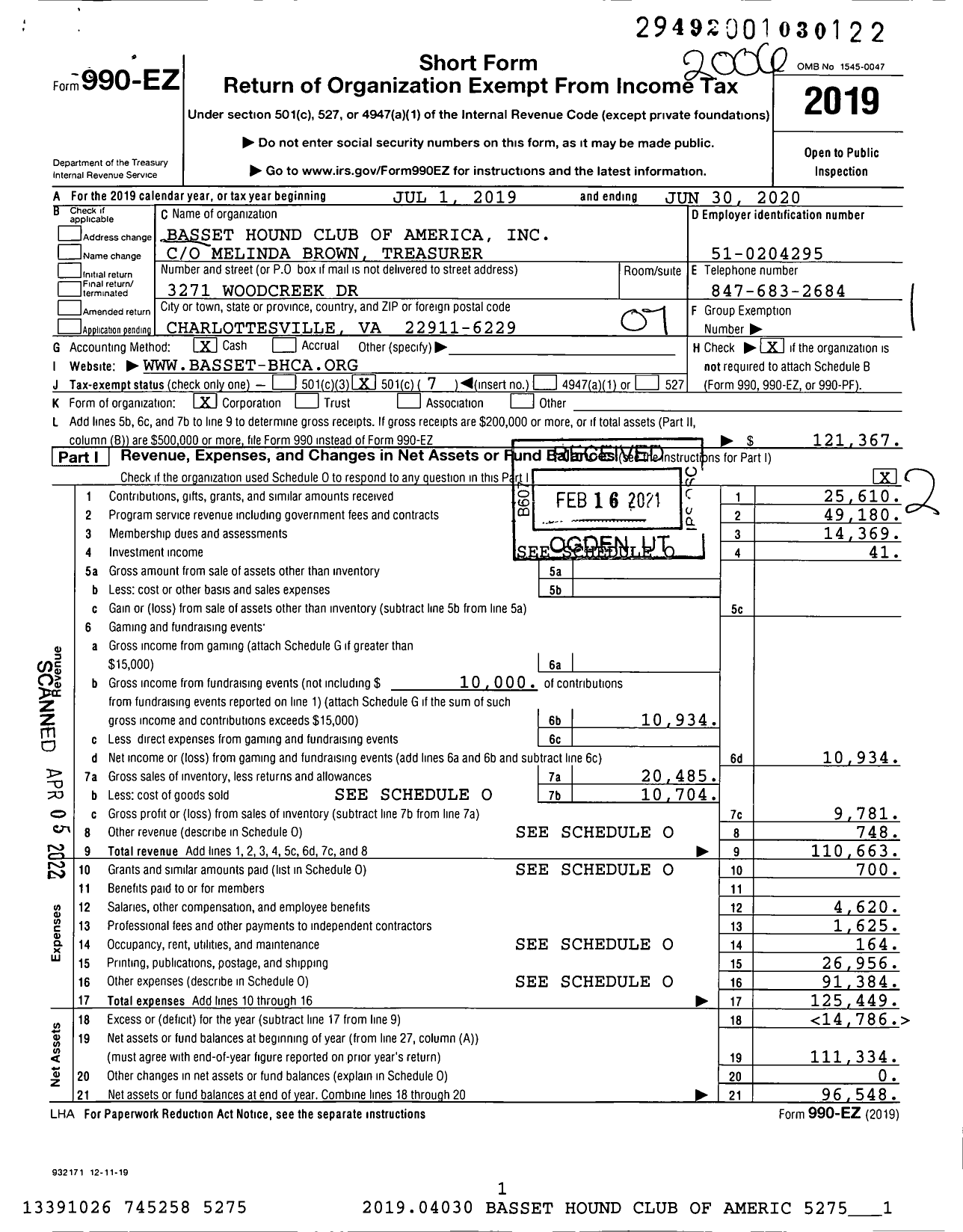 Image of first page of 2019 Form 990EO for Basset Hound Club of America