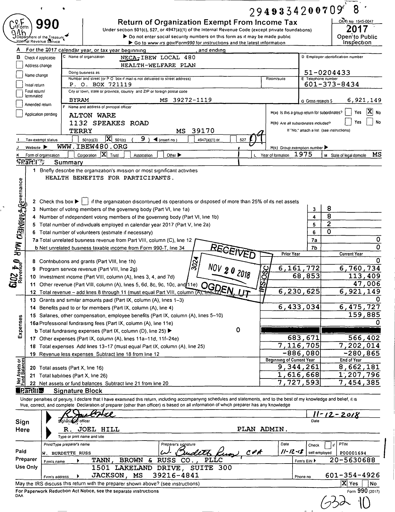 Image of first page of 2017 Form 990O for Neca-Ibew 480 Health and Welfare Plan