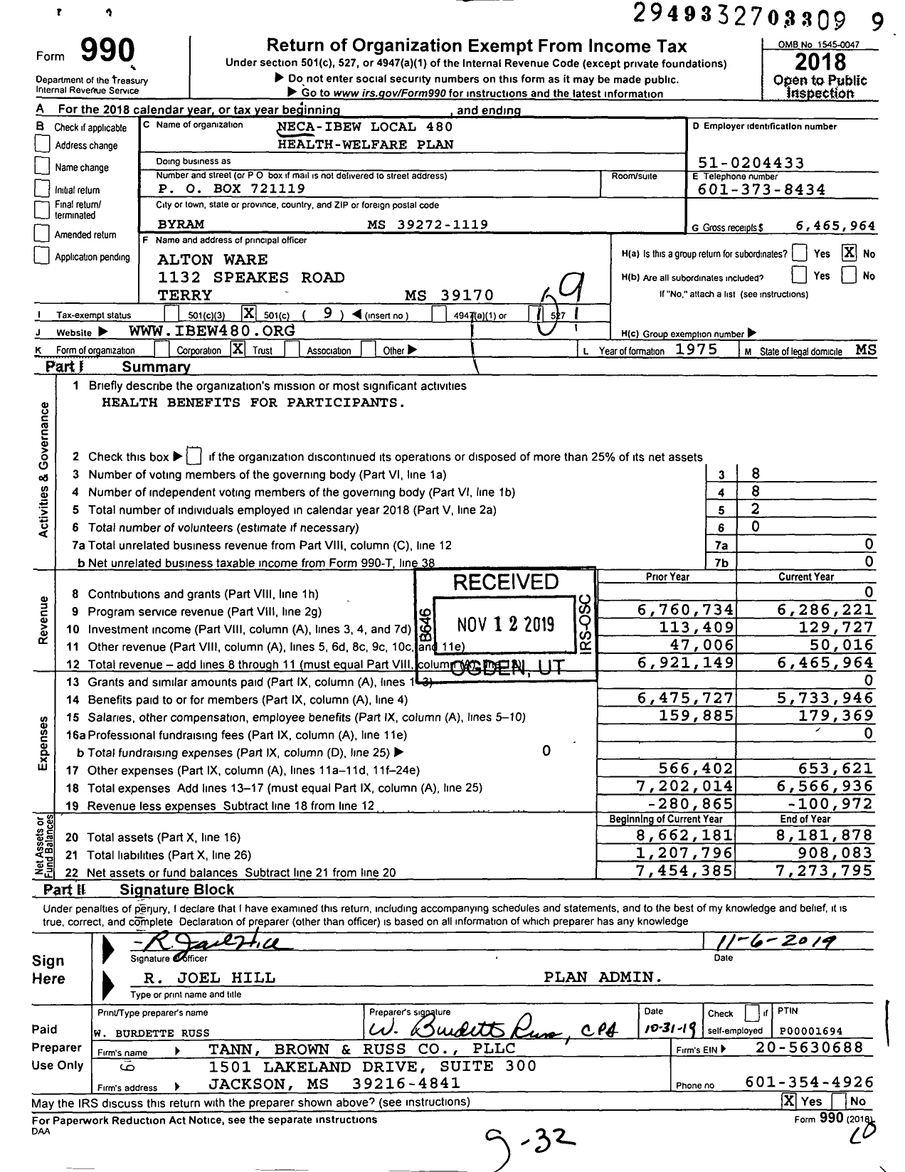 Image of first page of 2018 Form 990O for Neca-Ibew 480 Health and Welfare Plan