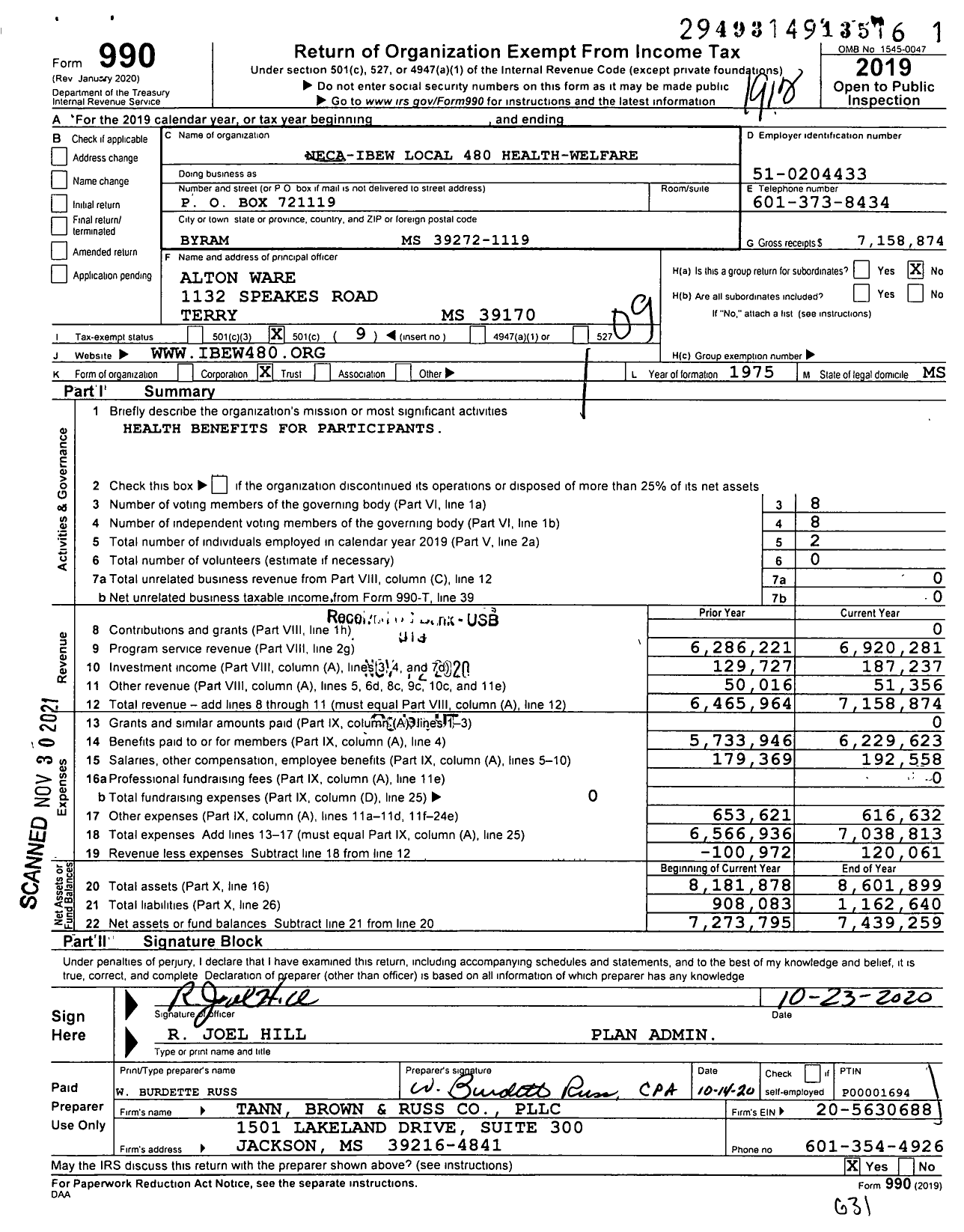 Image of first page of 2019 Form 990O for Neca-Ibew 480 Health and Welfare Plan