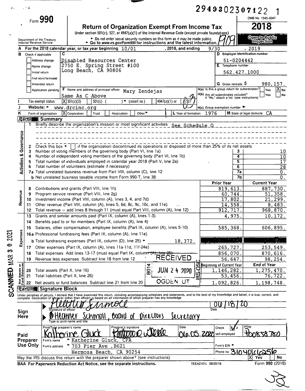 Image of first page of 2018 Form 990 for Disabled Resources Center