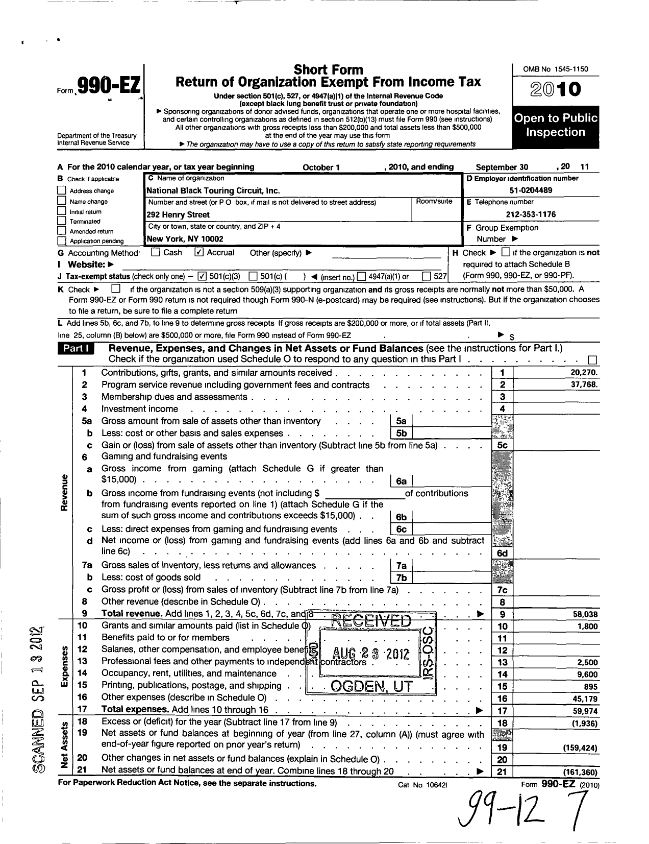 Image of first page of 2010 Form 990EZ for National Black Touring Circuit