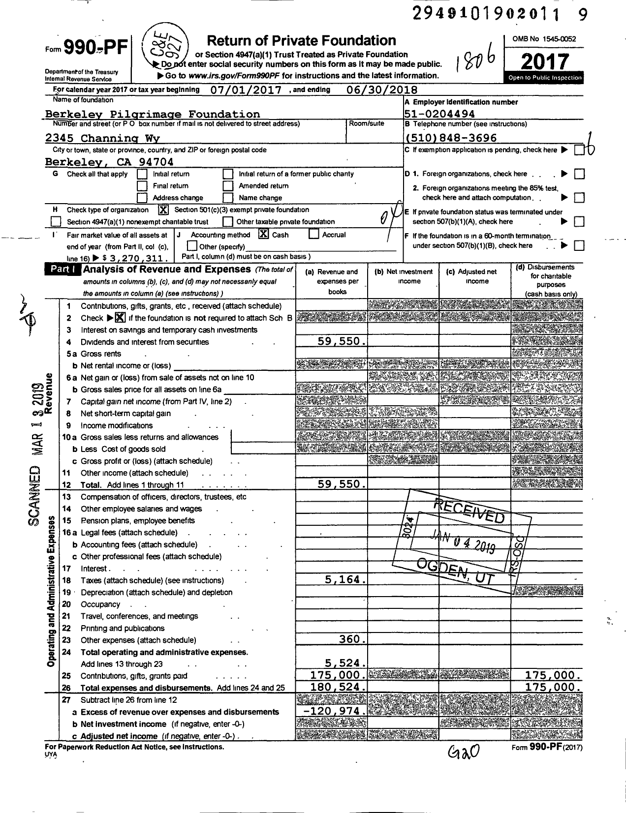 Image of first page of 2017 Form 990PF for Berkeley Pilgrimage Foundation