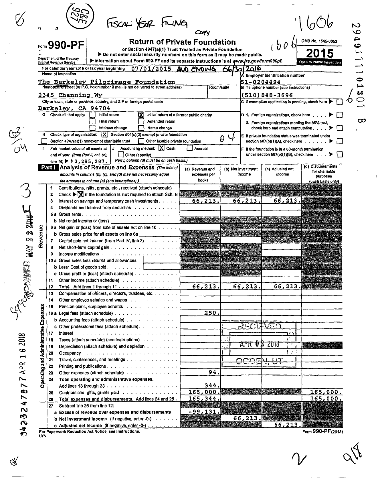 Image of first page of 2015 Form 990PF for Berkeley Pilgrimage Foundation