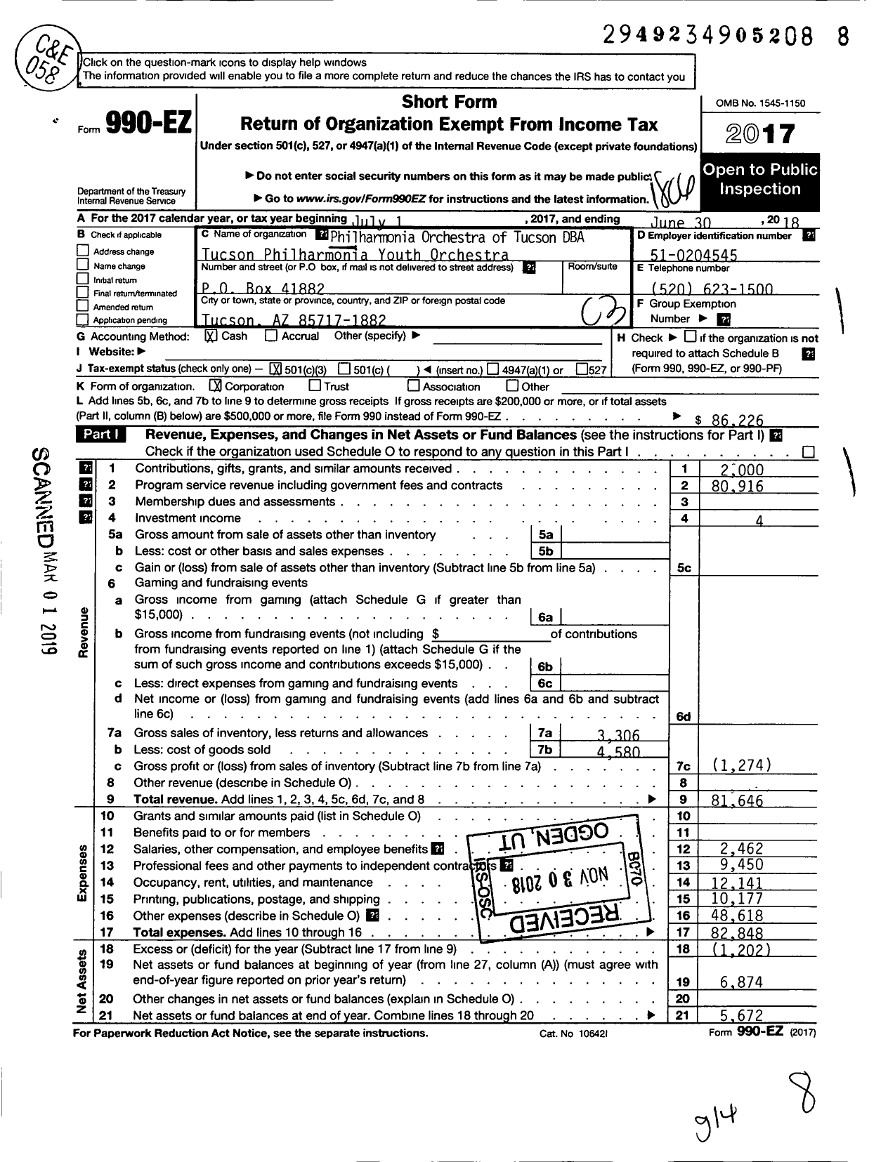 Image of first page of 2017 Form 990EZ for Philharmonia Orchestra OF TUCSON