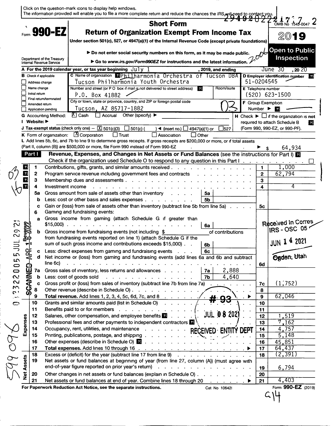 Image of first page of 2019 Form 990EZ for Philharmonia Orchestra OF TUCSON