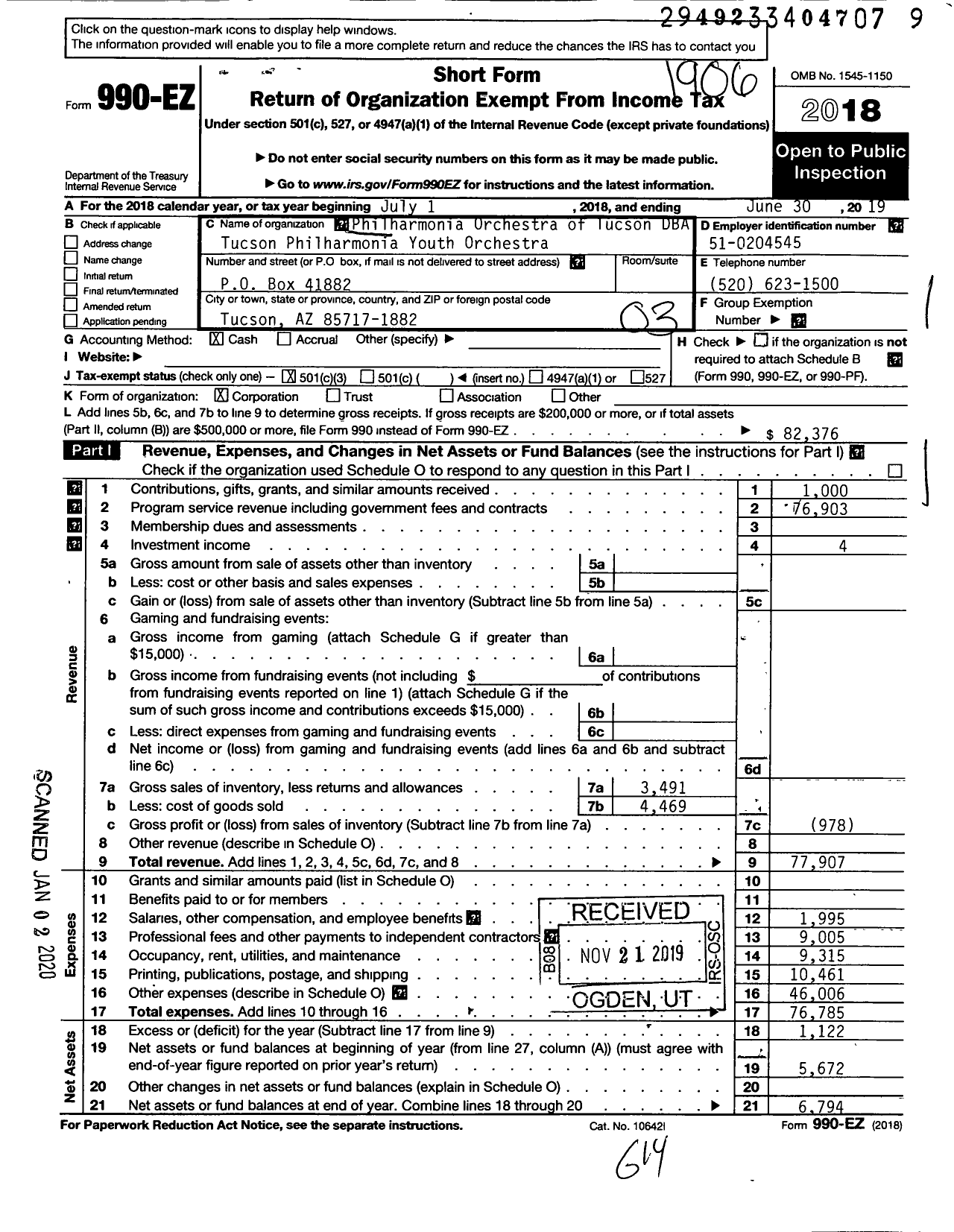 Image of first page of 2018 Form 990EZ for Philharmonia Orchestra OF TUCSON