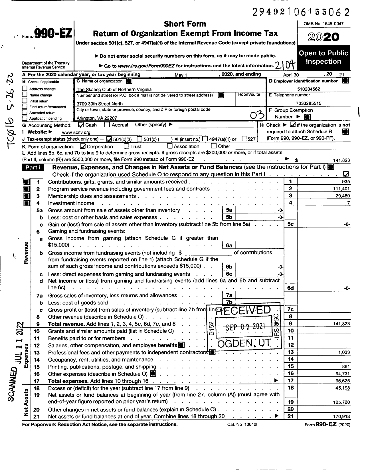 Image of first page of 2020 Form 990EZ for The Skating Club of Northern Virginia