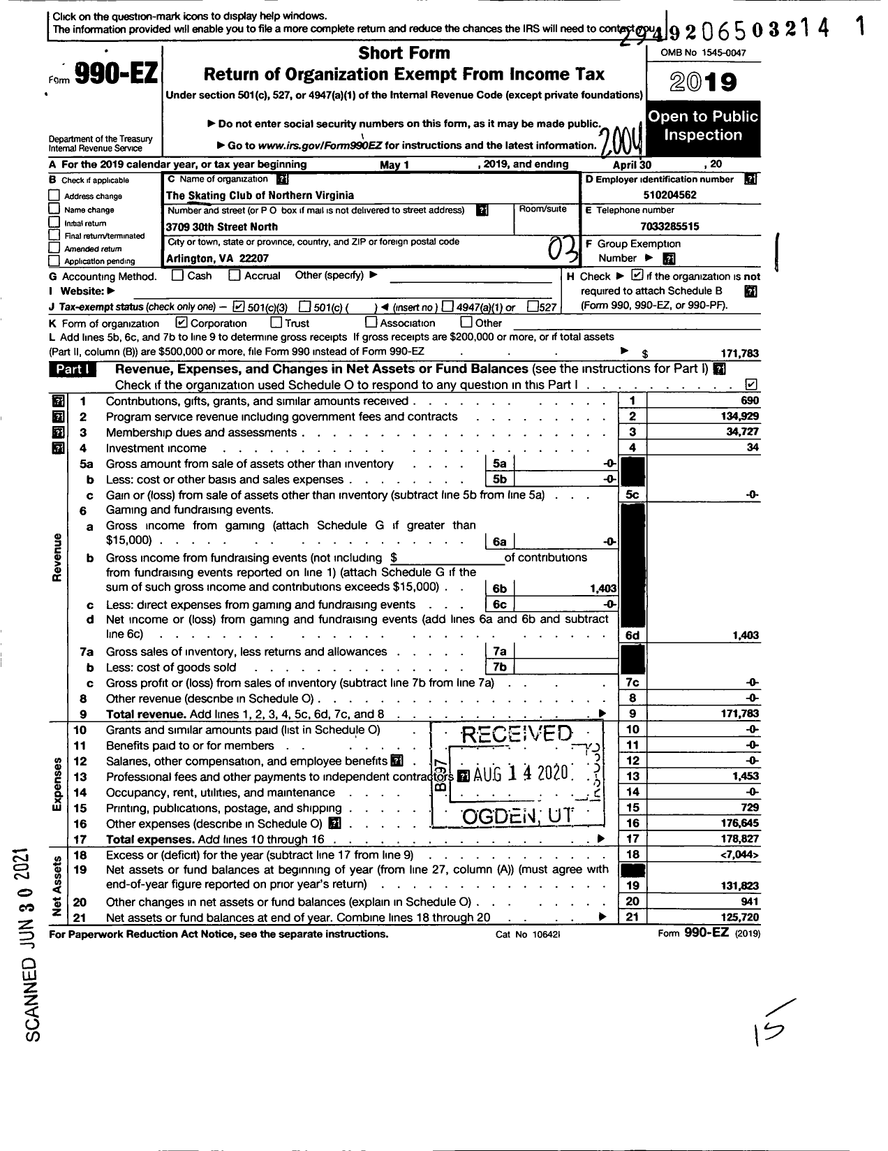 Image of first page of 2019 Form 990EZ for The Skating Club of Northern Virginia