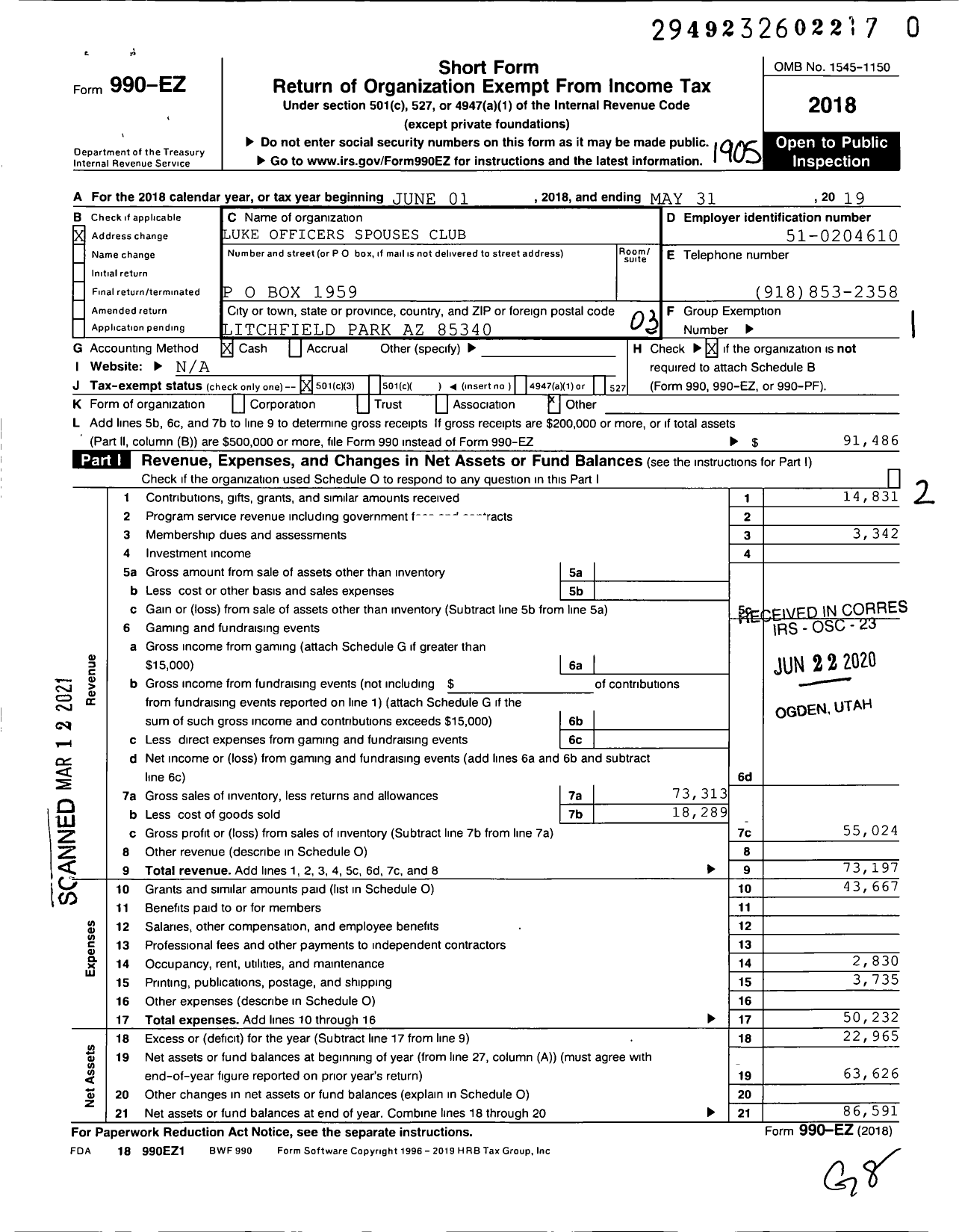 Image of first page of 2018 Form 990EZ for Luke Officers Spouses Club