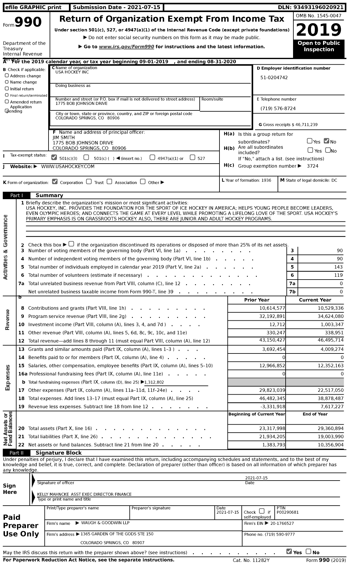 Image of first page of 2019 Form 990 for USA Hockey