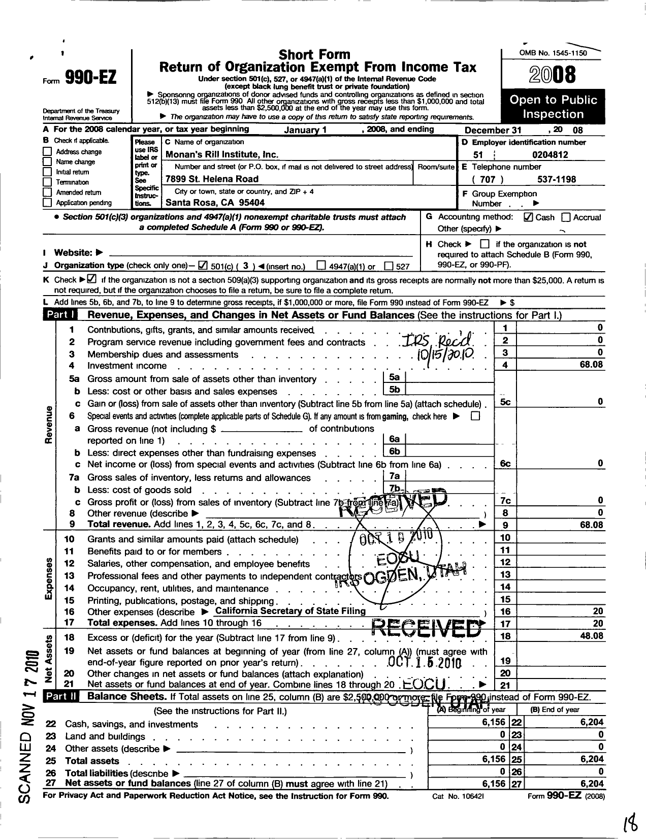 Image of first page of 2008 Form 990EZ for Monans Rill Institute