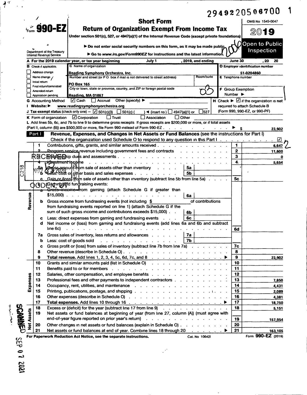 Image of first page of 2019 Form 990EZ for Reading Symphony Orchestra