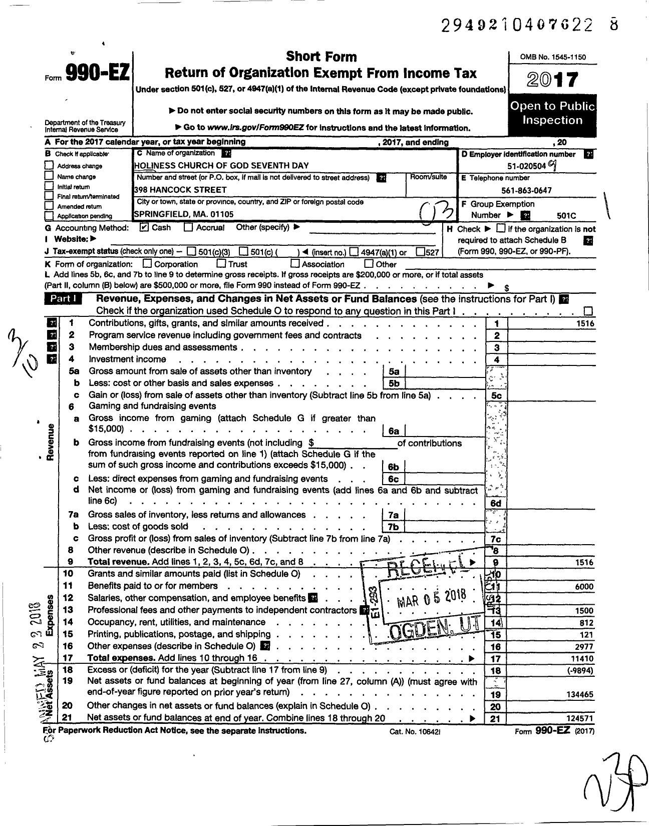 Image of first page of 2017 Form 990EZ for Holiness Church of God Seventh Day