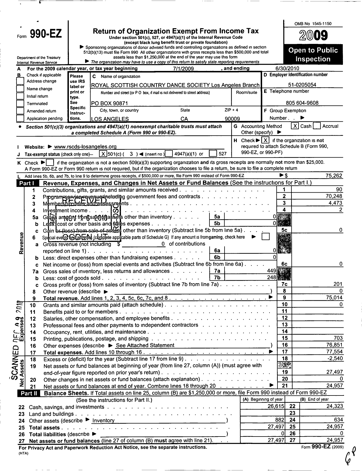 Image of first page of 2009 Form 990EZ for Royal Scottish Country Dance Society Los Angeles Branch