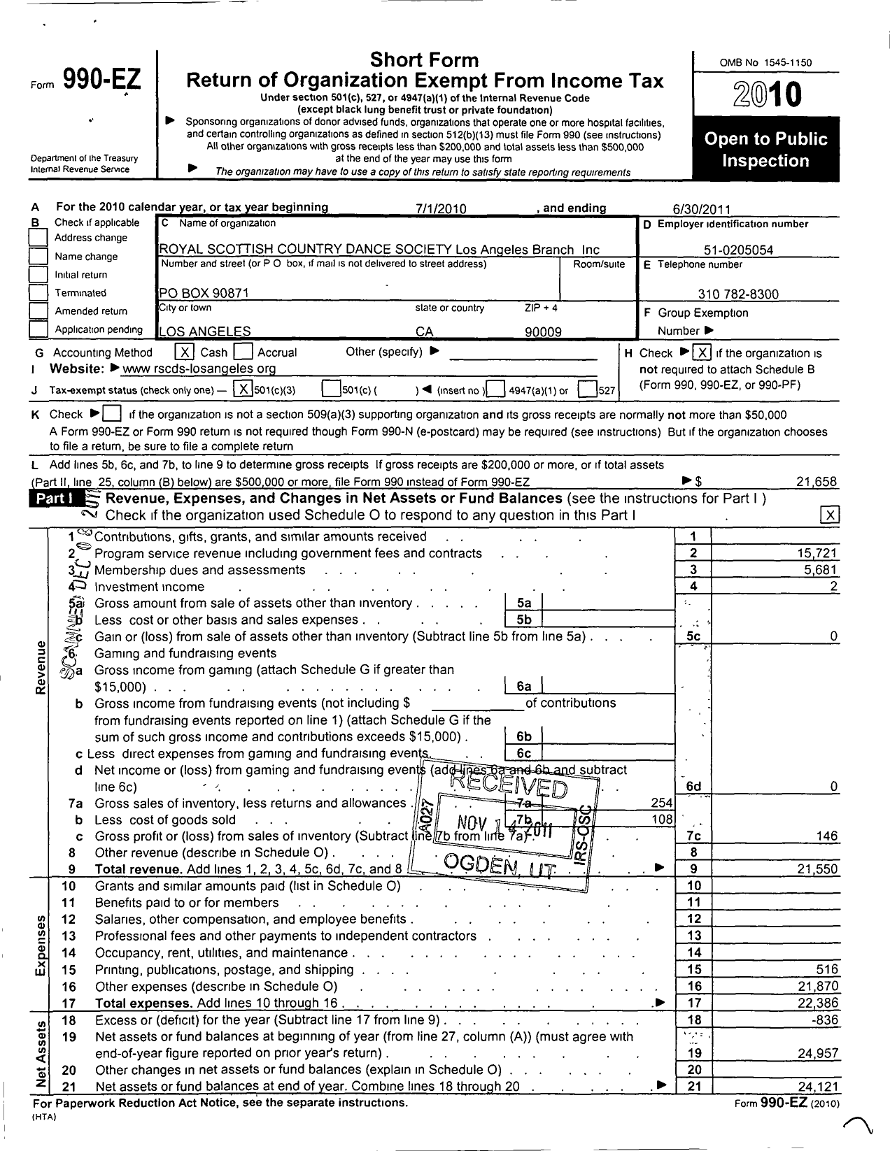 Image of first page of 2010 Form 990EZ for Royal Scottish Country Dance Society Los Angeles Branch