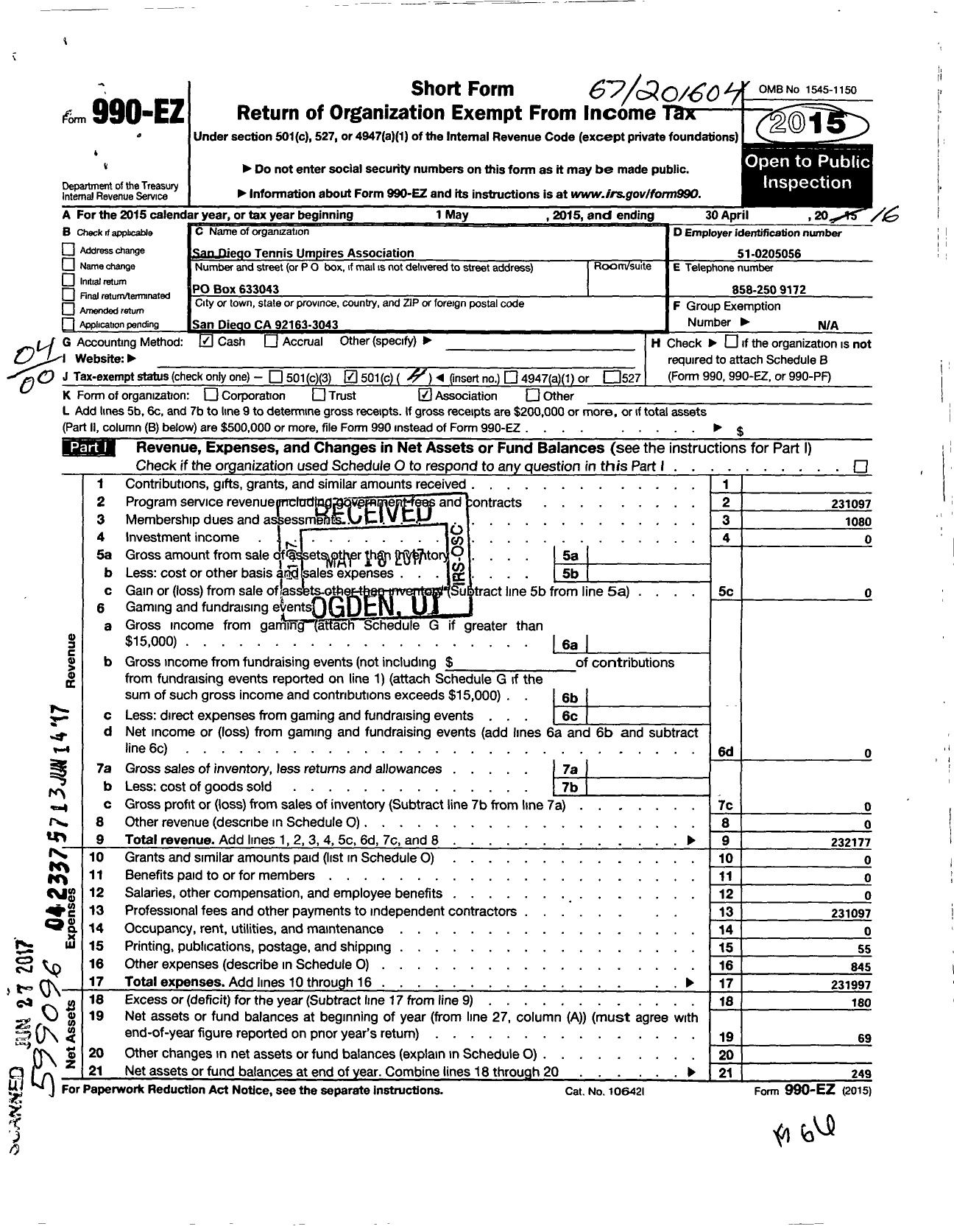 Image of first page of 2015 Form 990EO for San Diego County Tennis Umpires Association