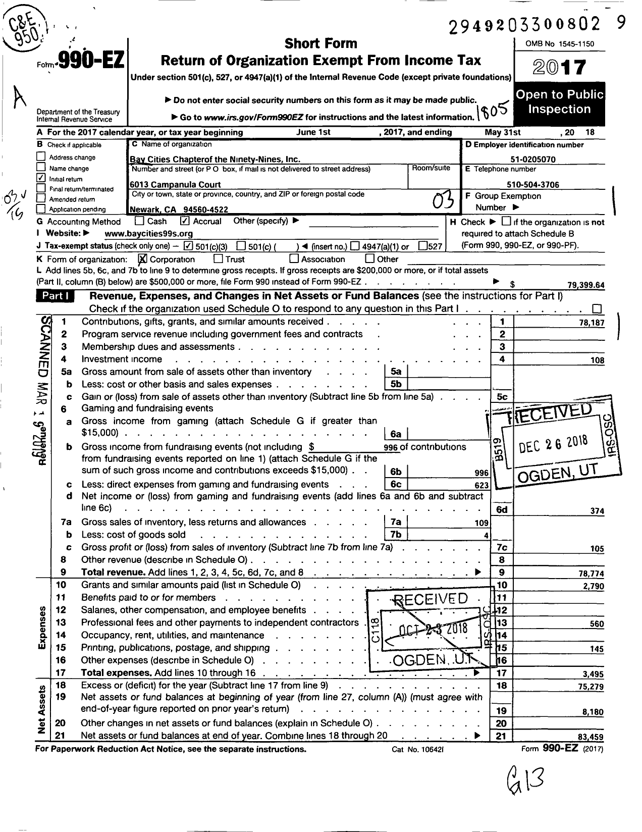 Image of first page of 2017 Form 990EZ for Southwest Section of the Ninety-Nines / Bay Cities Chapter