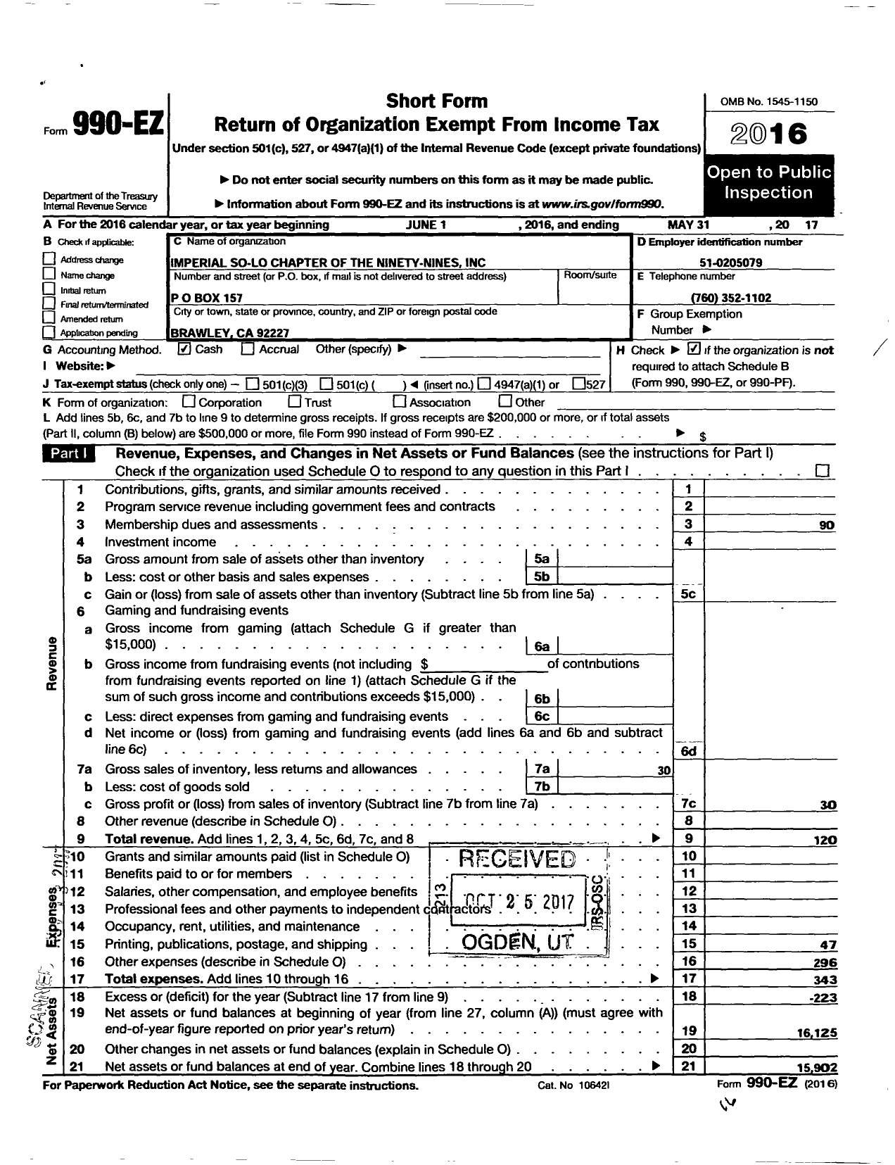 Image of first page of 2016 Form 990EO for Southwest Section of the Ninety-Nines / Imperial So-Lo Chapter