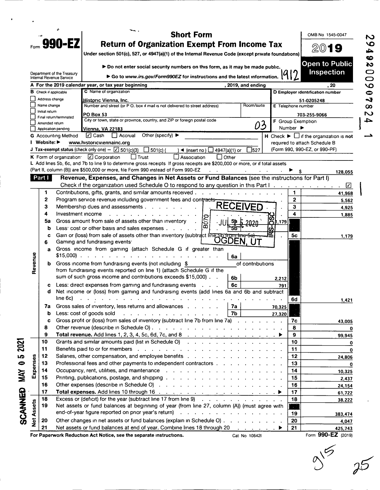 Image of first page of 2019 Form 990EZ for Historic Vienna