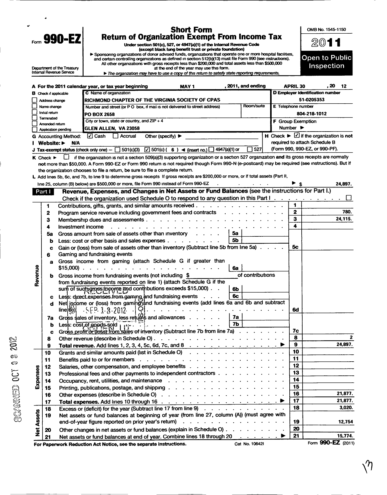 Image of first page of 2011 Form 990EO for The Richmond Chapter of the Society of Certified Public Accountants