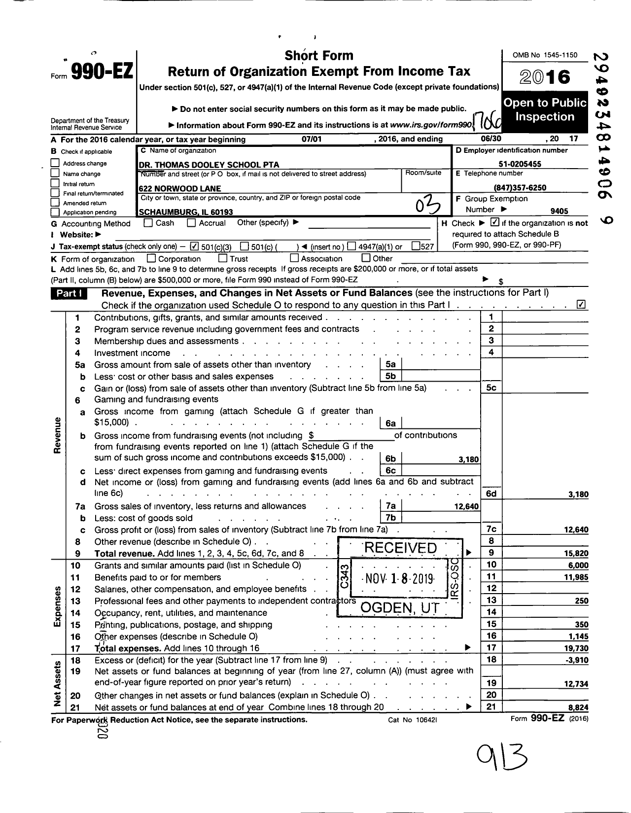 Image of first page of 2016 Form 990EZ for Illinois PTA - Dr Thomas Dooley School PTA