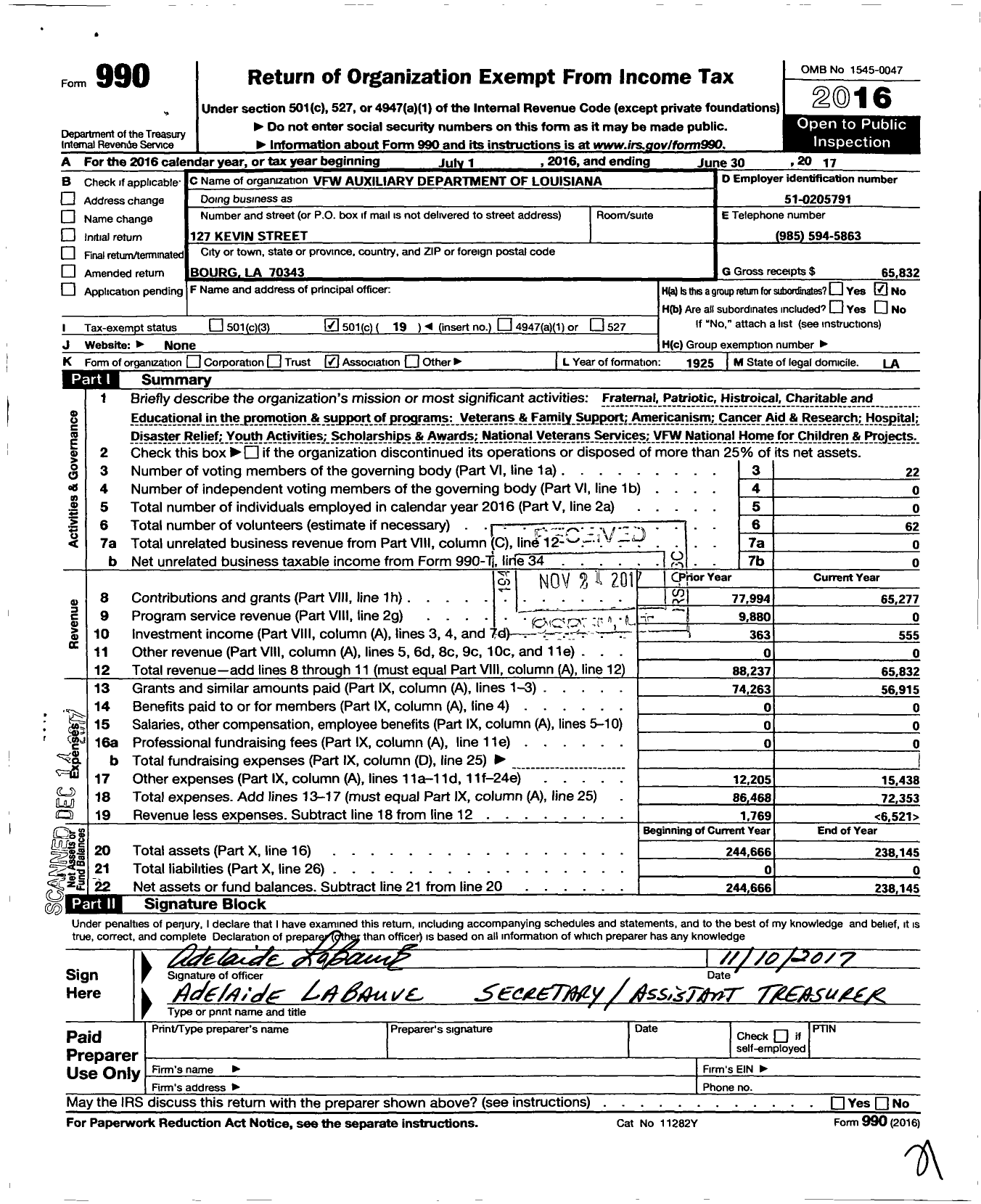 Image of first page of 2016 Form 990O for VFW Auxiliary Department of Louisiana