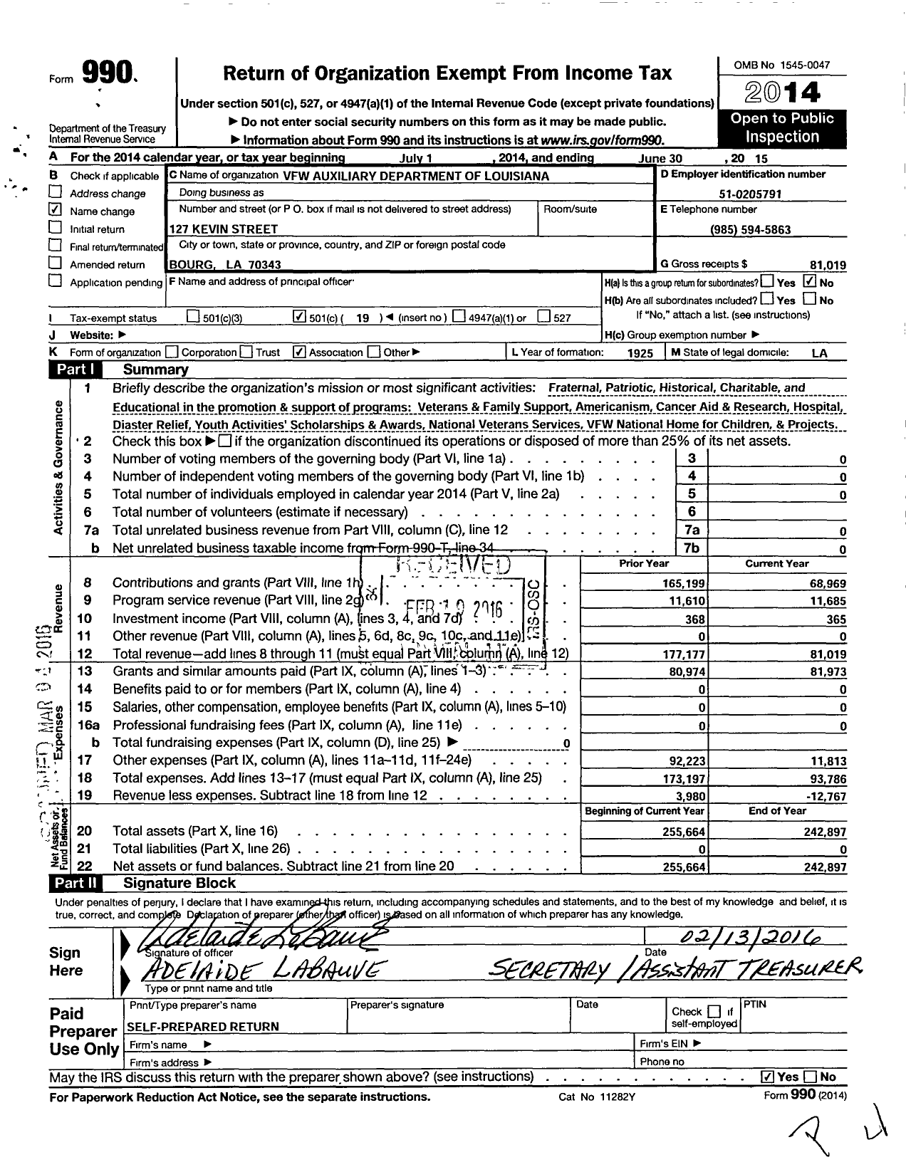 Image of first page of 2014 Form 990O for VFW Auxiliary Department of Louisiana