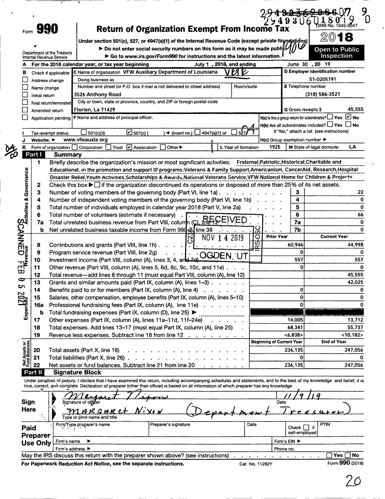 Image of first page of 2018 Form 990O for VFW Auxiliary Department of Louisiana