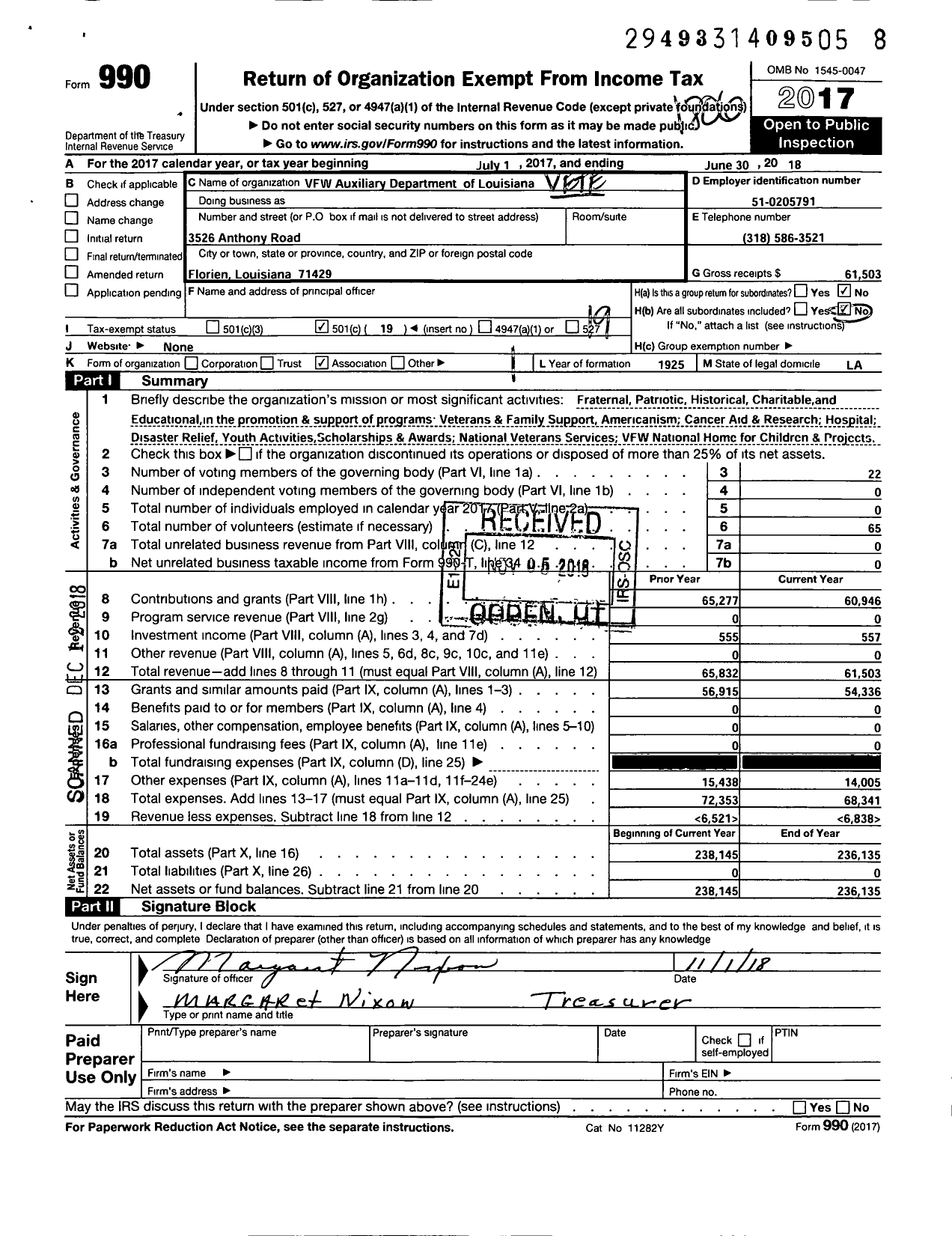 Image of first page of 2017 Form 990O for VFW Auxiliary Department of Louisiana