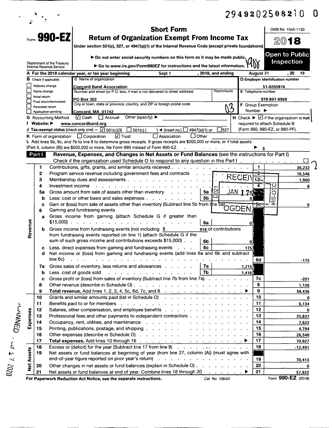 Image of first page of 2018 Form 990EZ for Concord Band Association