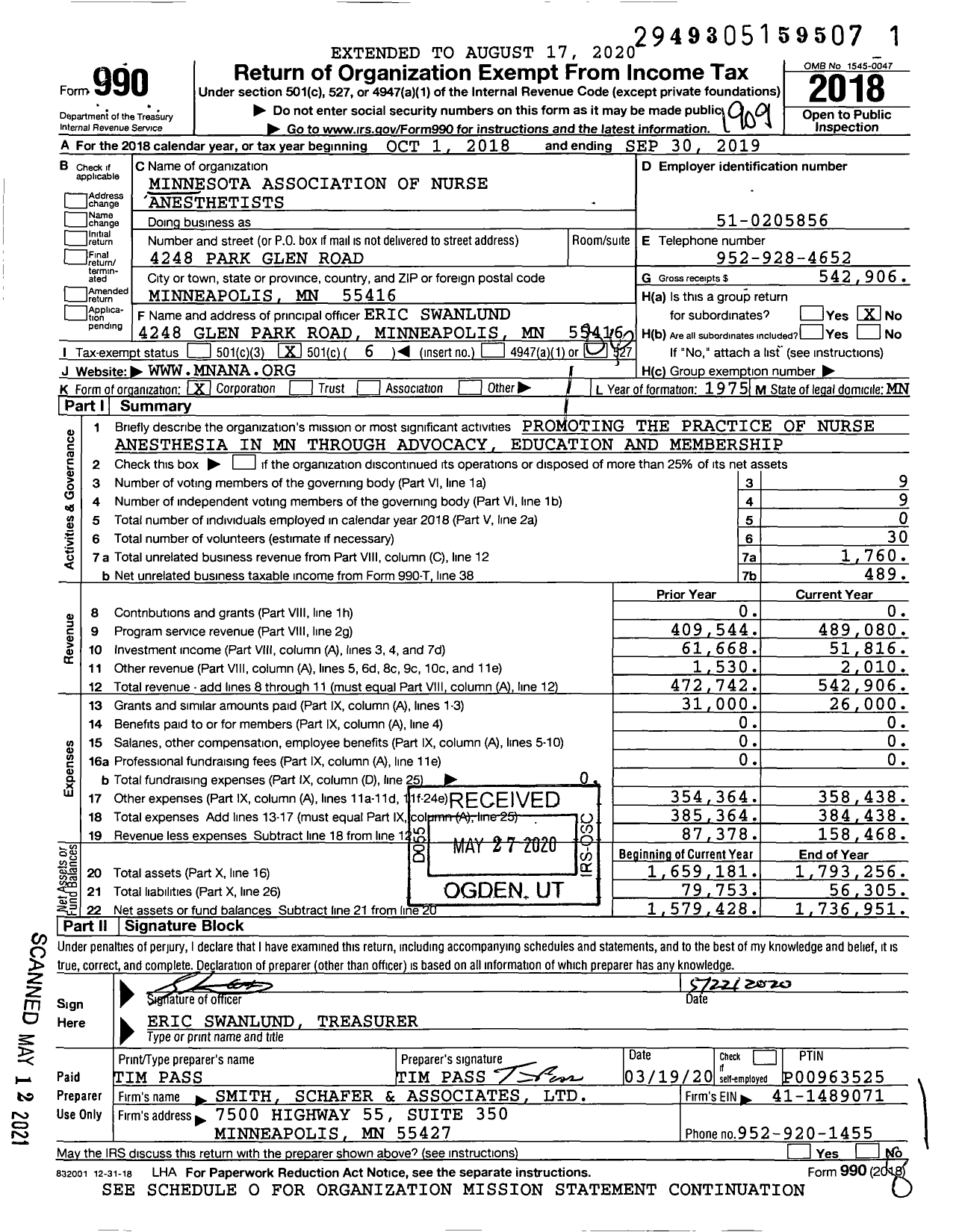 Image of first page of 2018 Form 990O for Minnesota Association of Nurse Anesthetists