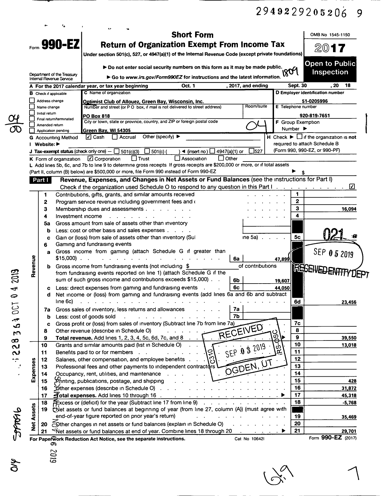 Image of first page of 2017 Form 990EO for Optimist International - 23402 Oc of Green Bay-Allouezwi