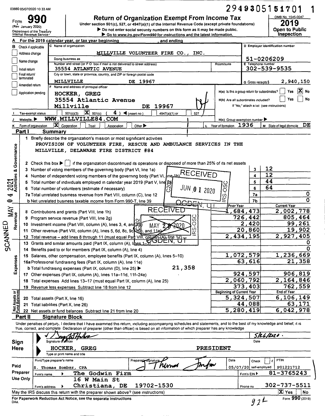 Image of first page of 2019 Form 990O for Millville Volunteer Fire