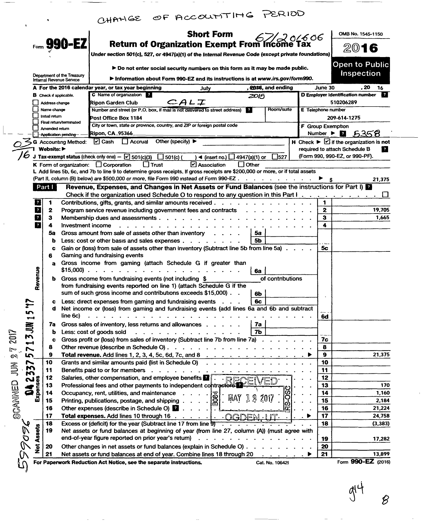 Image of first page of 2015 Form 990EZ for California Garden Clubs / Ripon Garden Club Inc