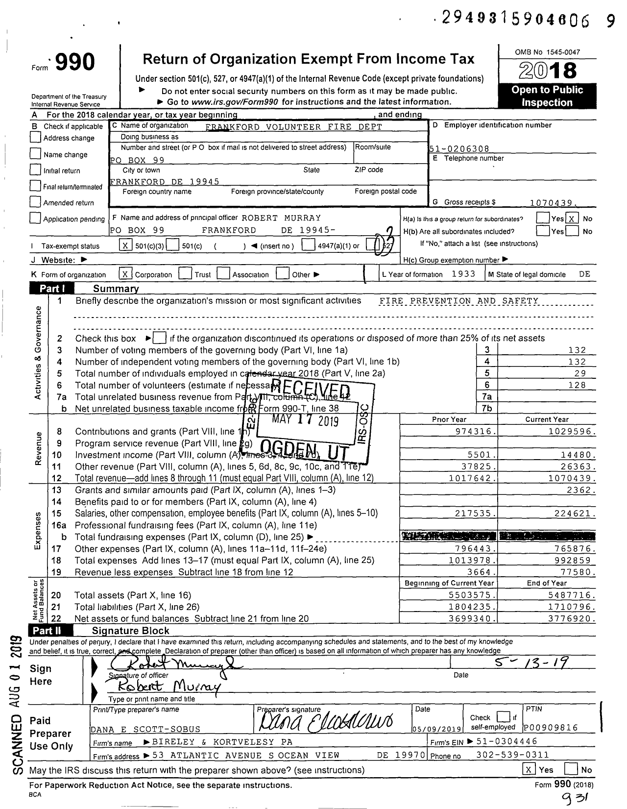 Image of first page of 2018 Form 990 for Frankford Volunteer Fire Dept