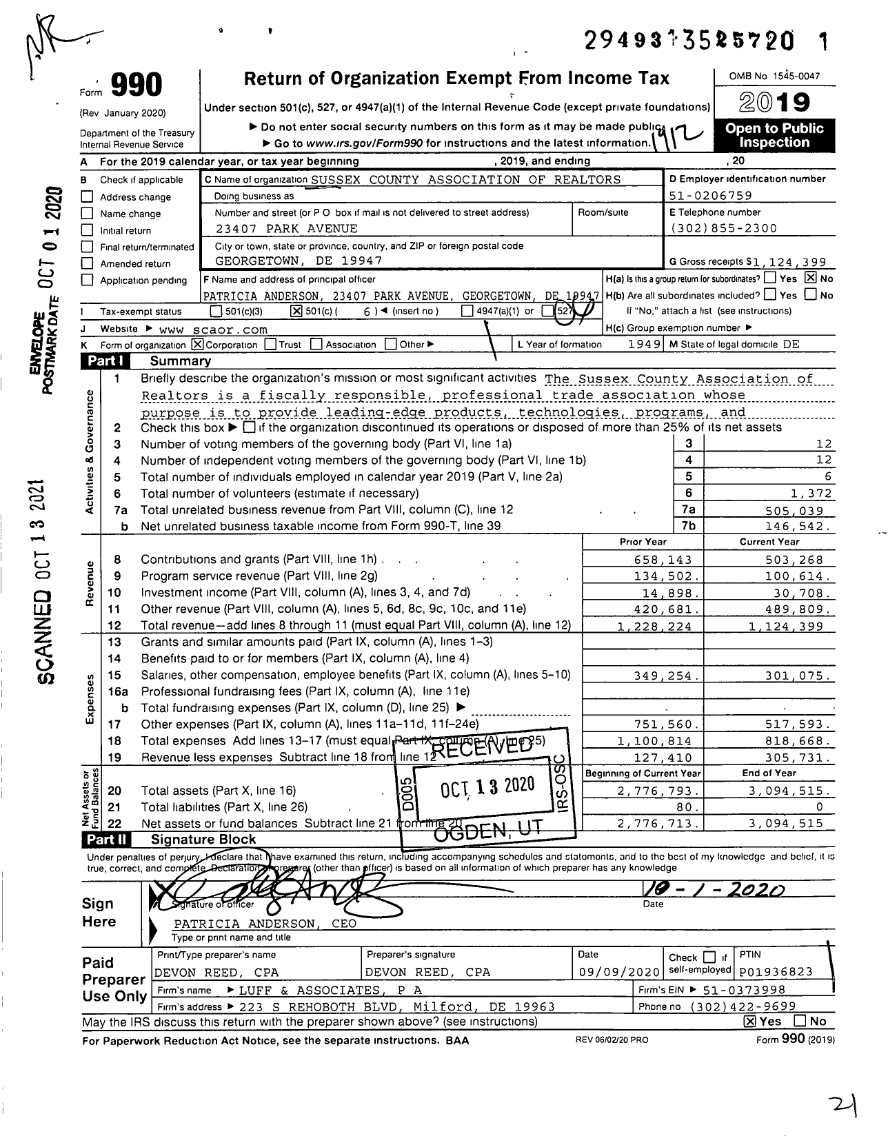 Image of first page of 2019 Form 990O for Sussex County Association of Realtors (SCAOR)