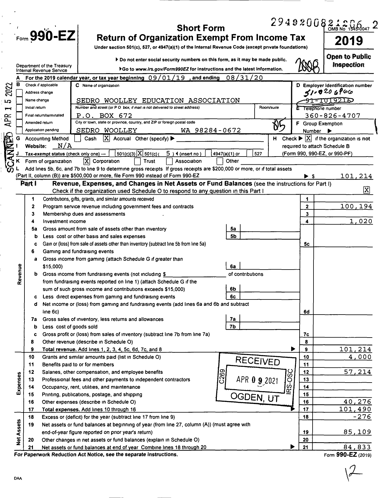 Image of first page of 2019 Form 990EO for Sedro Woolley Education Association