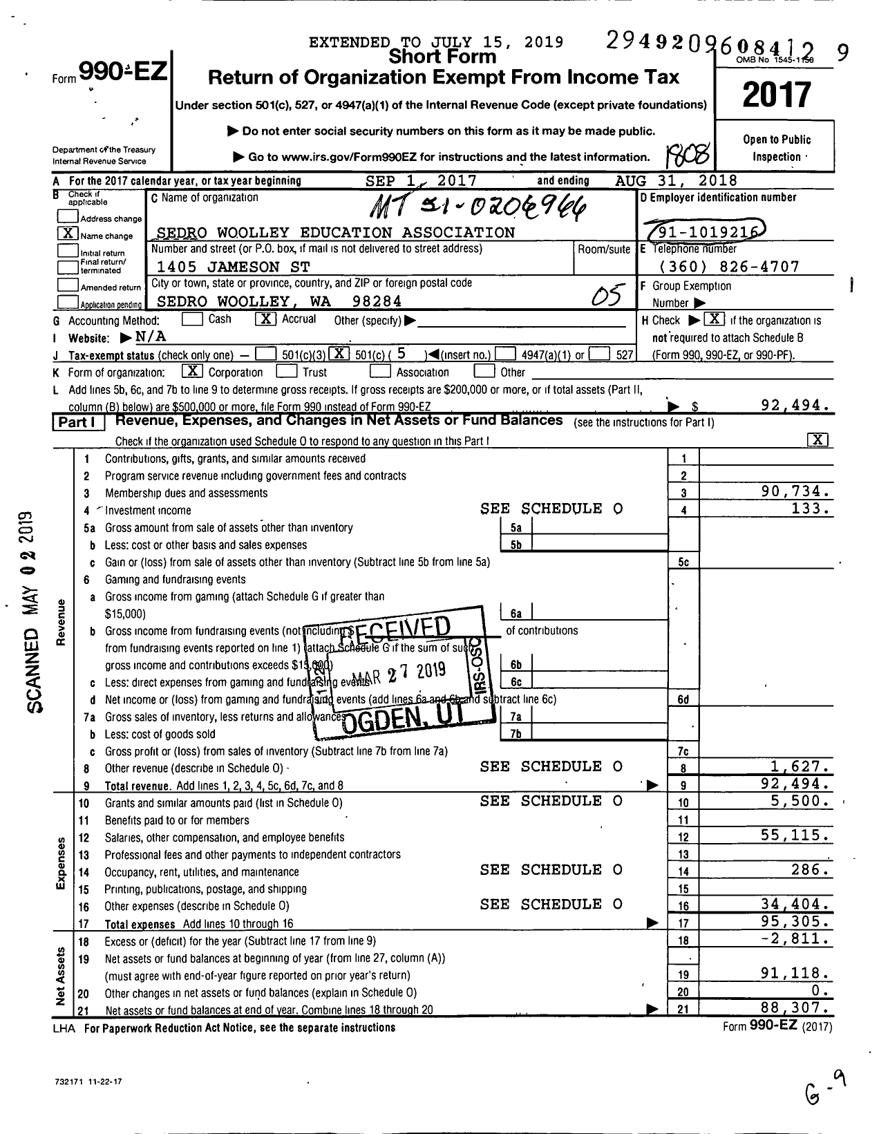 Image of first page of 2017 Form 990EO for Sedro Woolley Education Association