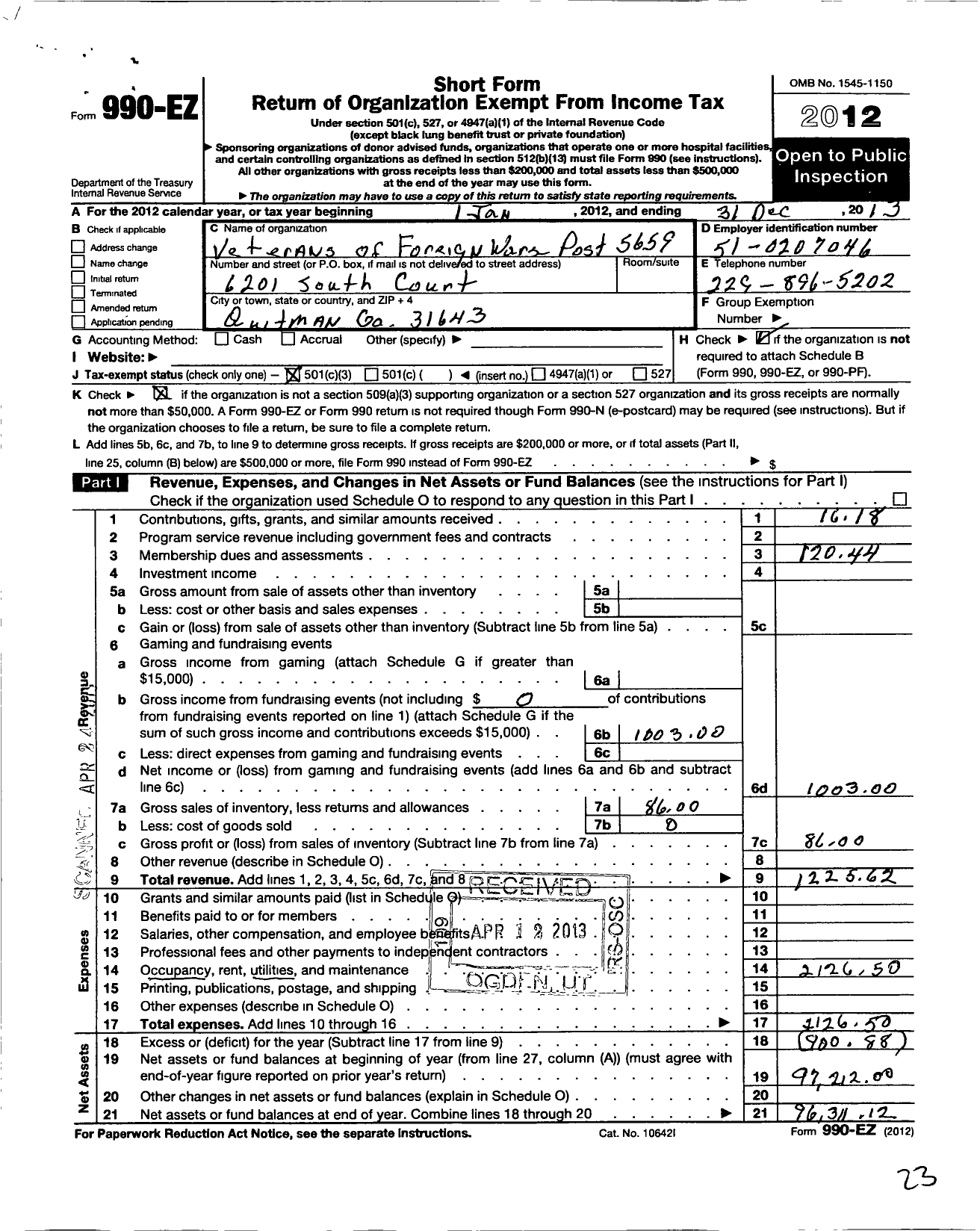 Image of first page of 2012 Form 990EZ for Post 5659 of the Veterans of Foreign Wars